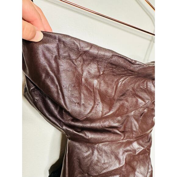 A.L.C. Brown Faux Leather Sleeveless Strapless Ruched Side Cutout Andie Dress 8 - Picture 13 of 16